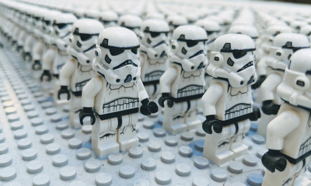 a row of lego star wars stormtroopers
