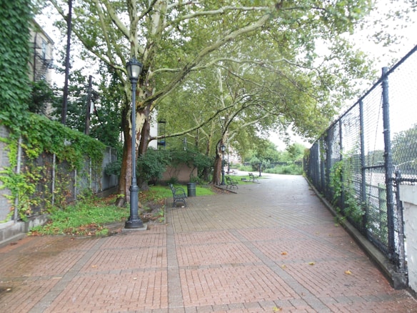 A tree-lined pathway with a brick pavement surrounded by metal fences and greenery. Street lamps and benches are positioned along the path, creating a serene and inviting atmosphere in an urban setting.