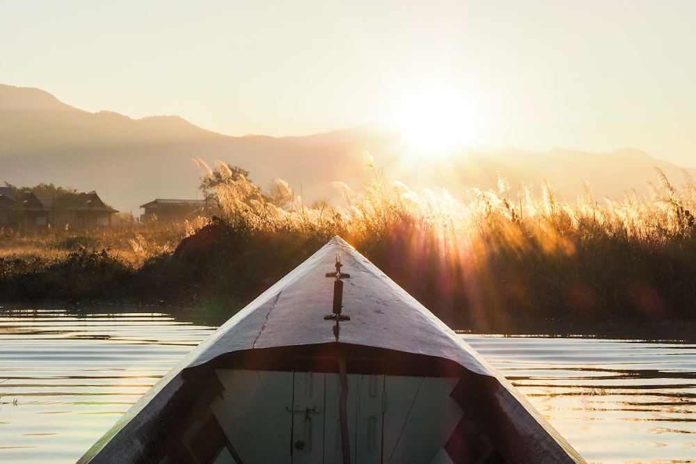 boat on body of water near grass during day