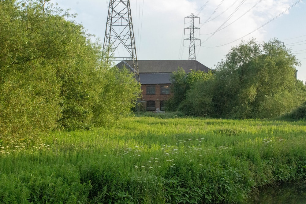 brown house in green field surrounded with tall and green trees under blue and white skies during daytime