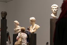 A museum setting featuring several classical marble busts on display, each mounted on a pedestal. The busts depict historical figures and are arranged in a row against a neutral backdrop. Visitors, some wearing casual attire, observe the sculptures closely, examining the detailed craftsmanship and expressions.