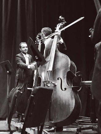 Two musicians are engaged in conversation while standing, each holding a double bass. They are dressed in formal attire and appear to be on a stage set against a dark curtain backdrop. Music stands are visible around them.