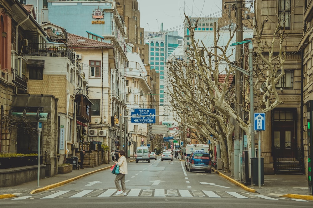 person crossing on pedestrian during daytime