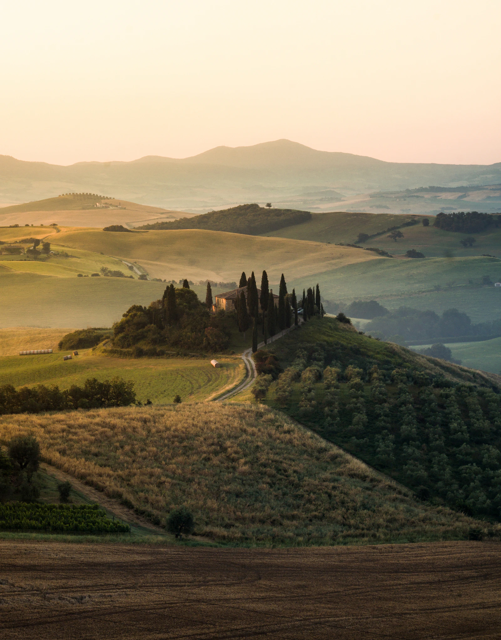 Colline e fattoria nella campagna toscana all'alba