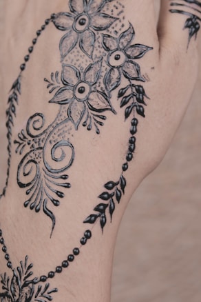 Intricate black floral henna design featuring detailed flowers, swirls, dots, and leaves on the skin. The artwork appears delicate and decorative, covering a portion of the hand with elegant patterns.