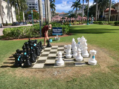 A vibrant chessboard set up in a sunlit park during a local tournament in Goiás.