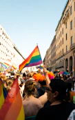 a crowd of people holding rainbow colored flags