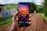 A smartphone is being held in a hand with a vibrant, colorful wallpaper depicting a sunset over a city with birds in the sky and a wooden walkway leading to a railing. The background shows an outdoor setting with a dirt path and greenery, slightly blurred.