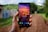 A smartphone is being held in a hand with a vibrant, colorful wallpaper depicting a sunset over a city with birds in the sky and a wooden walkway leading to a railing. The background shows an outdoor setting with a dirt path and greenery, slightly blurred.