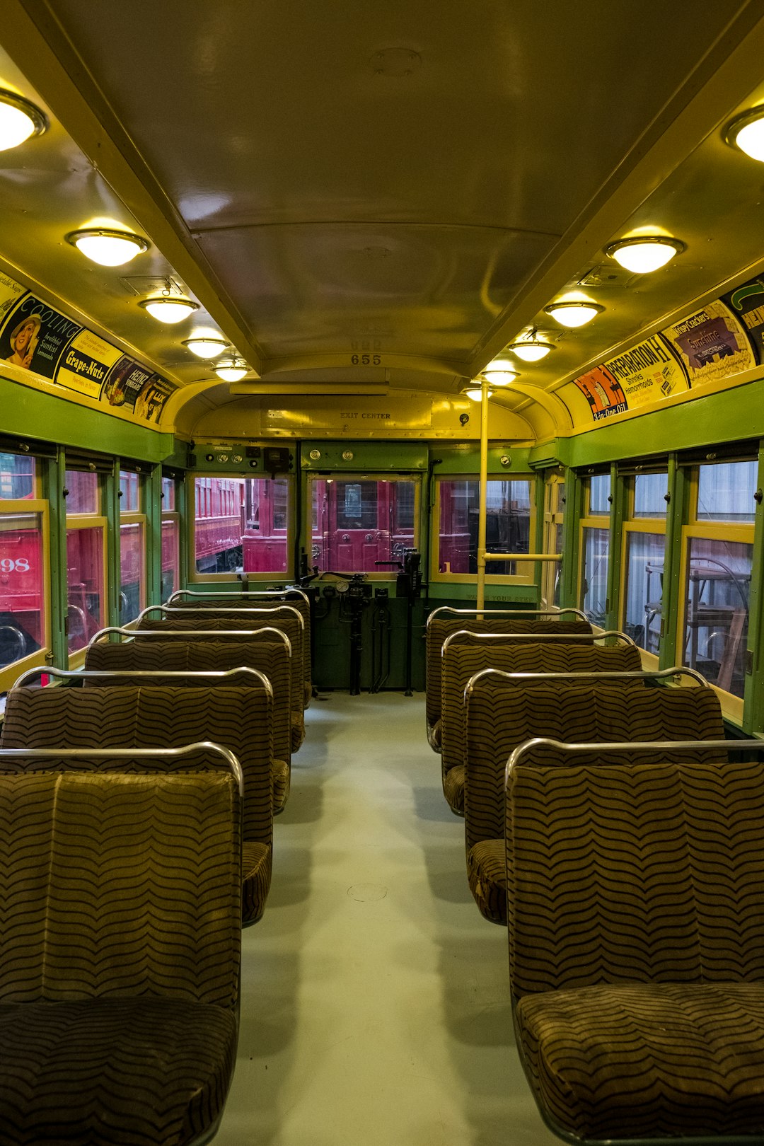 green and brown bus interior