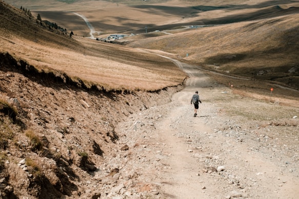 Illustration of a futuristic landscape with a lone traveler standing at a crossroads.