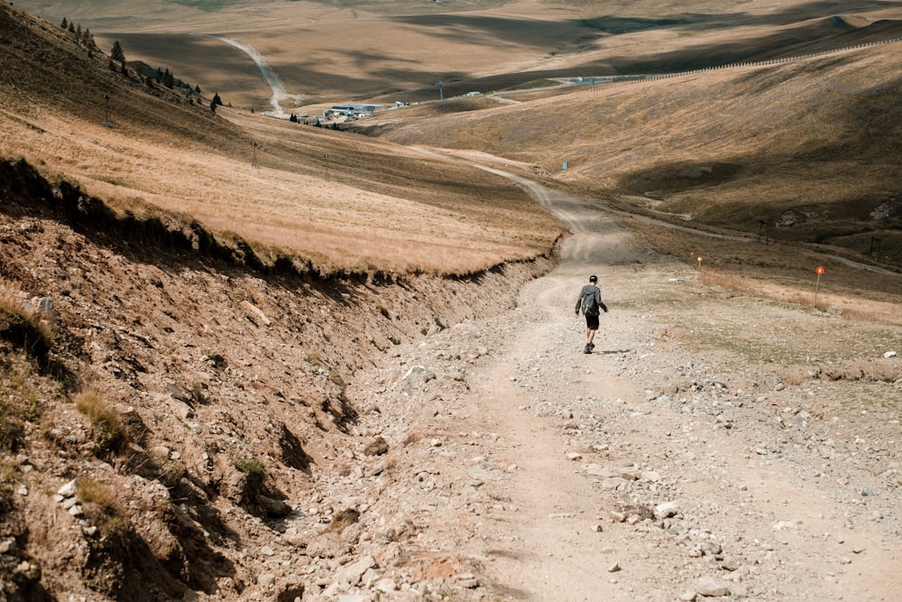 person wearing gray shirt walking on concrete pathway scenery