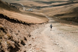 A lone traveler walks along a dusty, rugged path through a vast, barren landscape characterized by rolling hills and sparse vegetation. The scene is dominated by earthy tones, with the path winding away into the distance. Small structures or buildings are visible far away on the horizon, surrounded by arid terrain and scattered patches of grass.