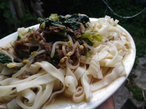 A close-up view of a plate filled with flat noodles topped with a mix of greens, bean sprouts, and savory meats in a sauce. The dish is held against a natural outdoor backdrop, indicating a casual dining setting.