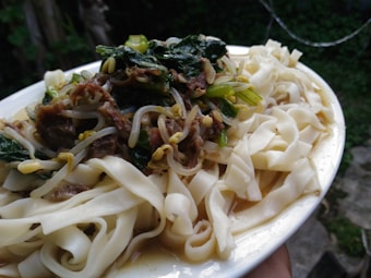 A close-up view of a plate filled with flat noodles topped with a mix of greens, bean sprouts, and savory meats in a sauce. The dish is held against a natural outdoor backdrop, indicating a casual dining setting.
