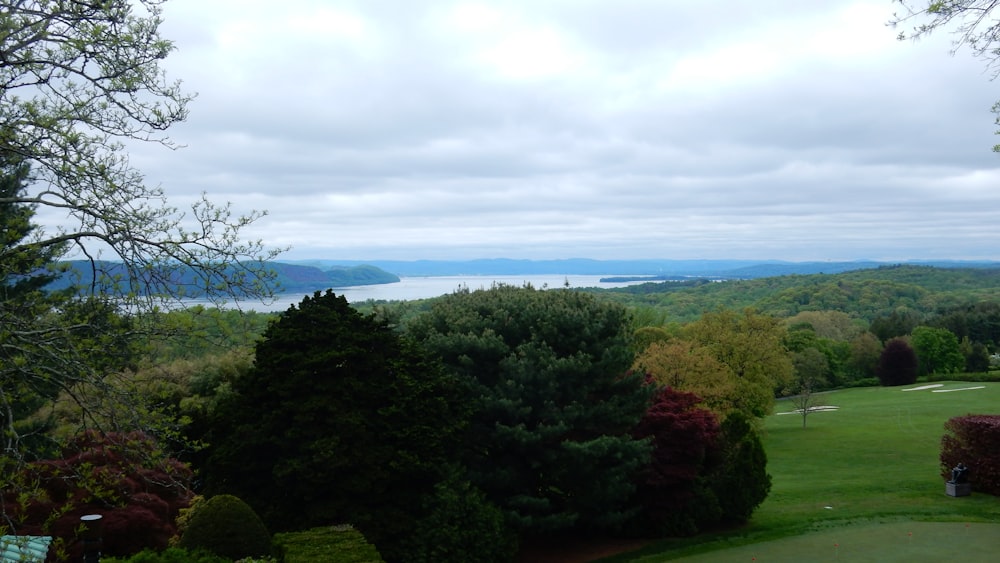 a view of a golf course with a lake in the distance