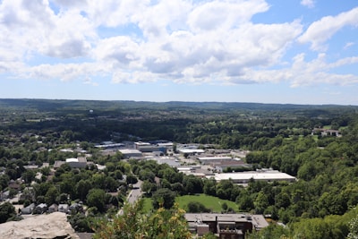 A panoramic view of lush green fields and modern buildings in a Tamil Nadu town.