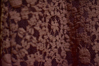 Close-up of delicate embroidered lace fabric showcasing intricate floral patterns on a white background.
