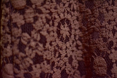 A close-up view of a textured fabric with a delicate lace pattern. The lace is intricately woven with floral designs, creating a detailed and elegant appearance.