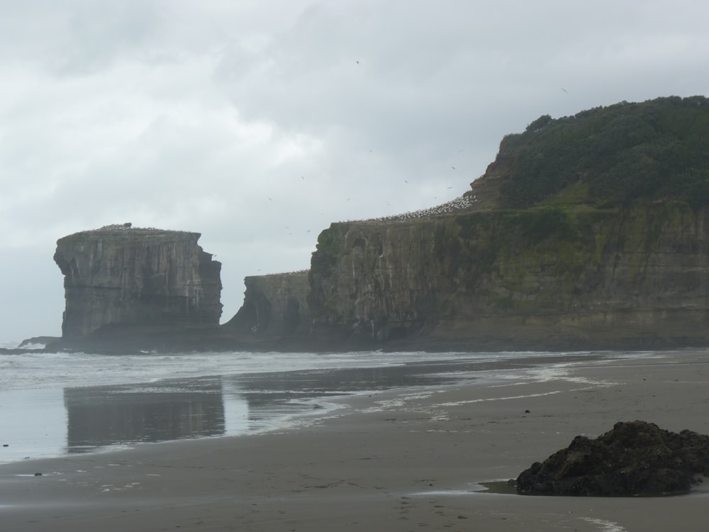 beach cliff viewing body of water under white and gray skies during daytime