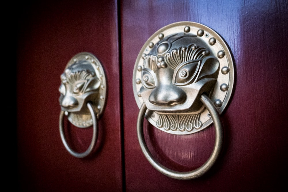 two silver monster head door knockers on wooden doors