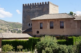 Historic stone building in Rohan surrounded by lush greenery and soft sunlight.