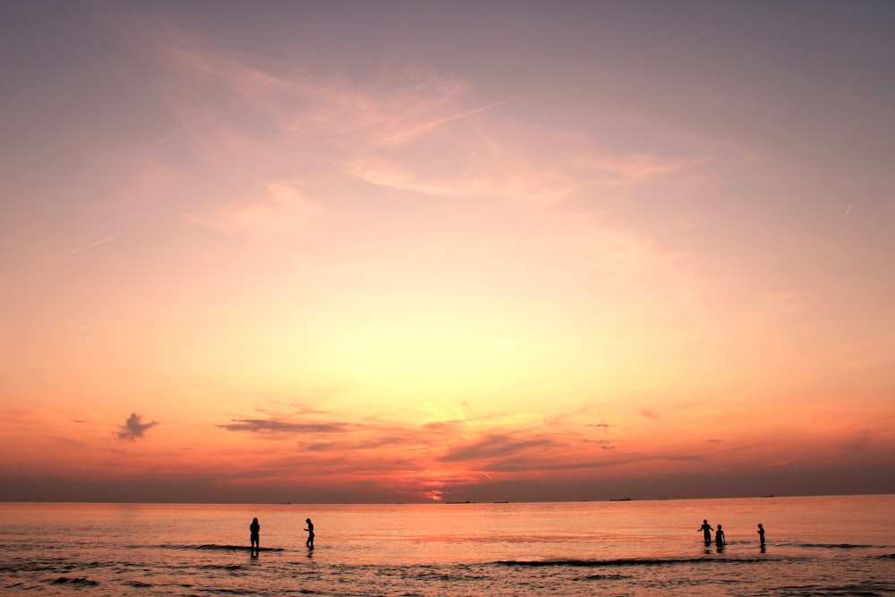 silhouette of people standing on seashore during golden hour