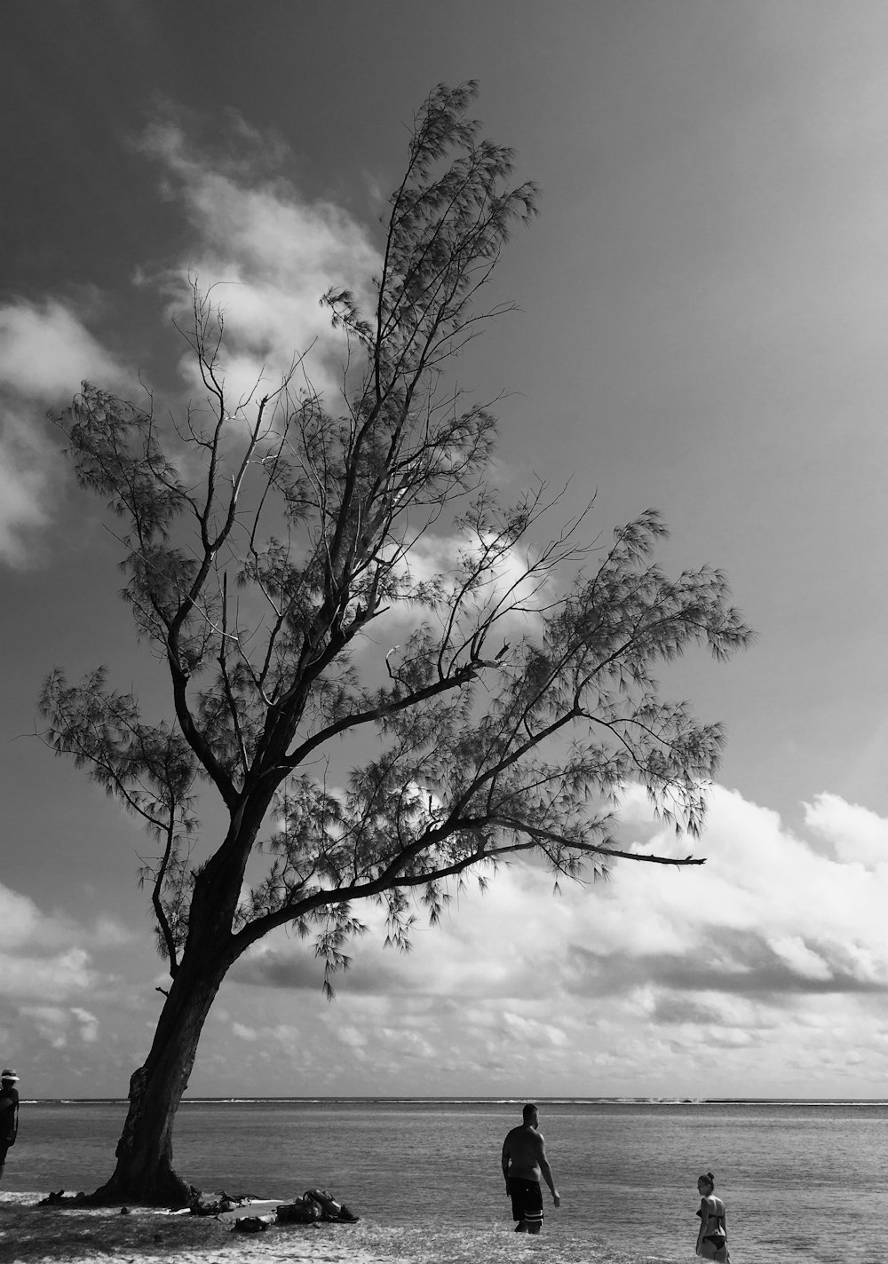 grayscale photography of two person in beach