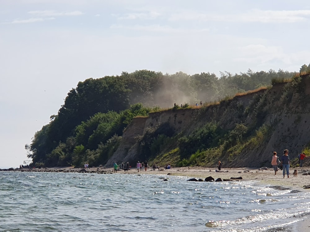 a group of people standing on top of a sandy beach