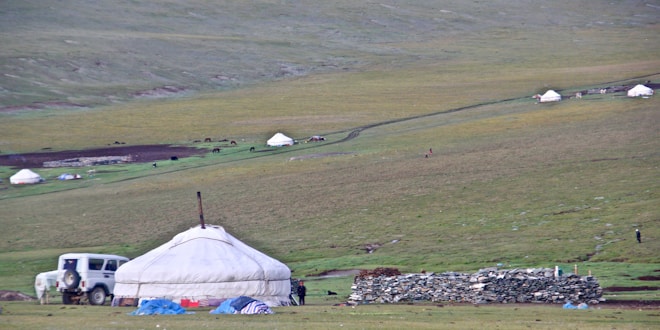 A vast, grassy landscape with several yurts scattered across the field. A white vehicle is parked near a prominent yurt, and there is a stack of stones nearby. Small figures and horses can be seen in the distance, indicating a nomadic setting.