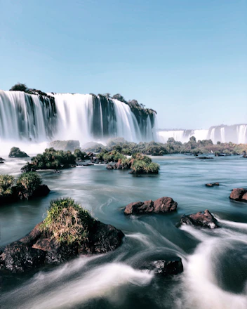 waterfalls under clear sky during daytime digital wallpaper
