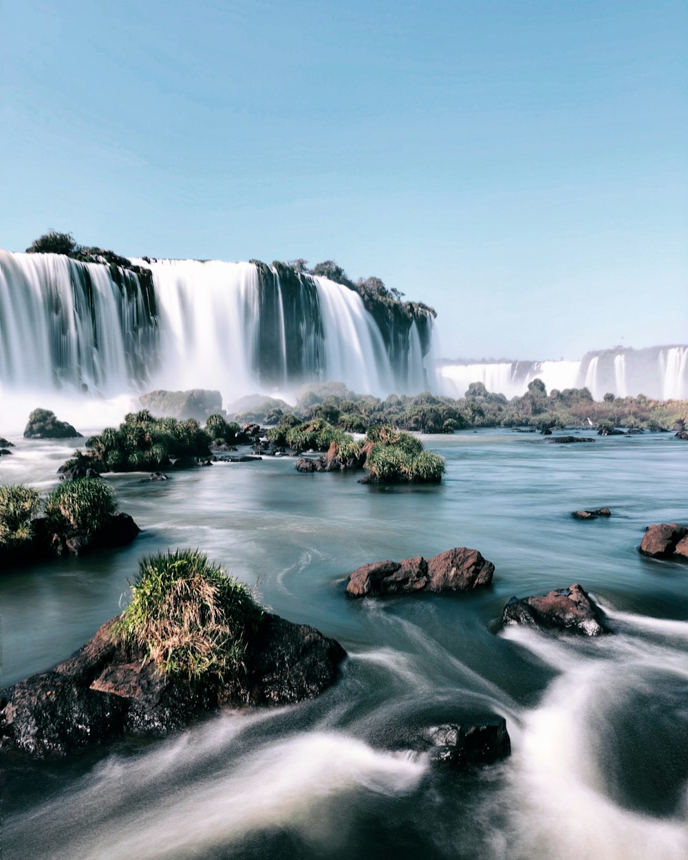 waterfalls under clear sky during daytime digital wallpaper