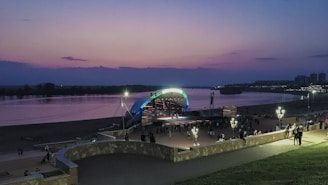 A scenic view of a popular event venue at sunset.