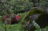 A rustic vintage wooden garden cart resting on a sunlit patch of grass.
