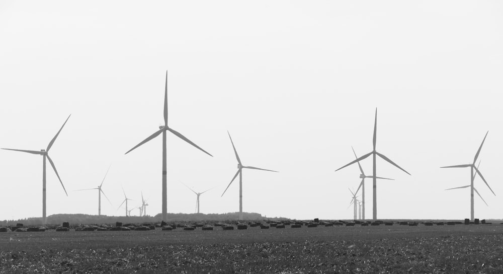 grayscale photography of wind mills