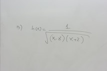 A section of a whiteboard features a mathematical expression written in black marker. The expression depicted is h(x) = 1 / √((x-8)(x+2)), which suggests a function involving variables and parentheses. The board is otherwise clean, with no additional markings or annotations.