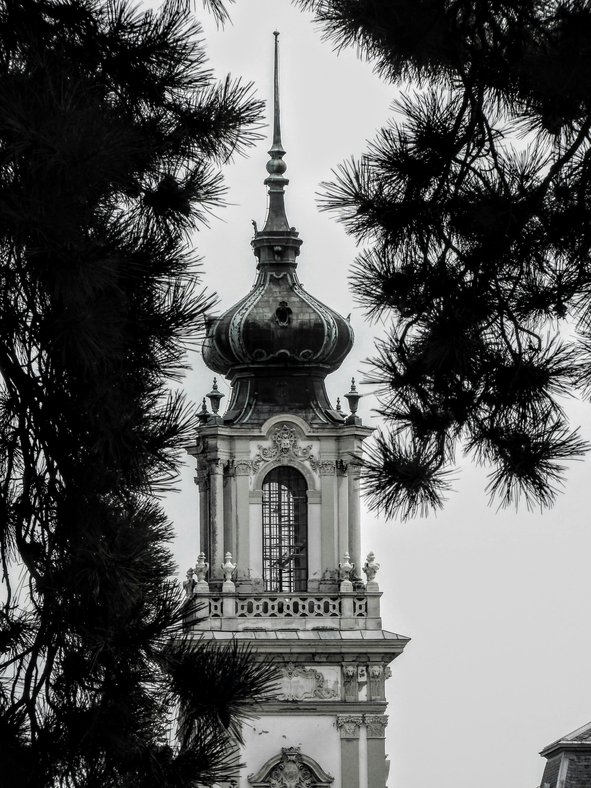a black and white photo of a clock tower