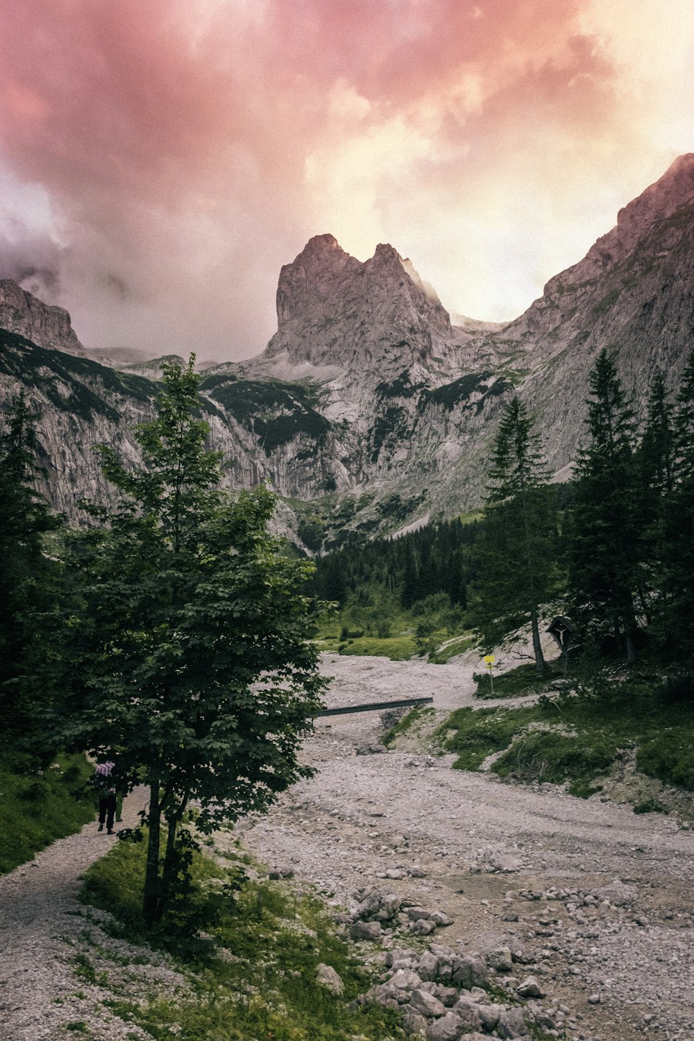 a person walking on a trail in the mountains