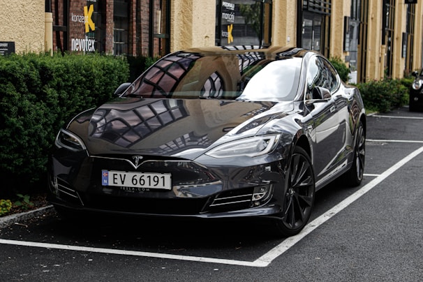 Sleek black Tesla with spotless windows and polished rims parked by a palm tree