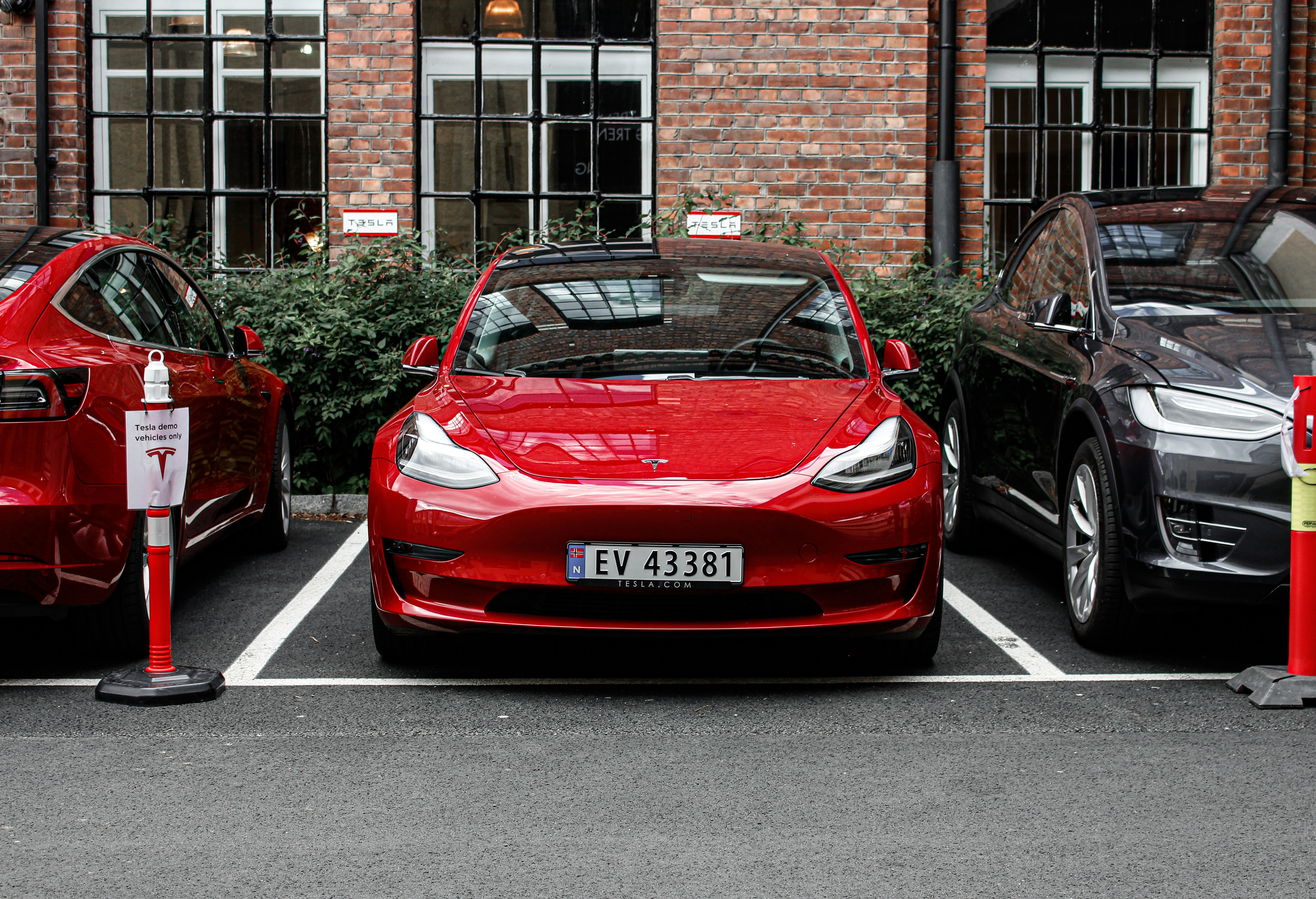 Used Tesla Model 3 and Model Y parked side by side in a city lot