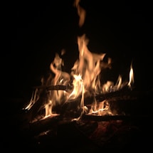 A vibrant campfire with bright yellow and orange flames dances against a dark background. The fire illuminates the surrounding logs and creates a sense of warmth and energy.