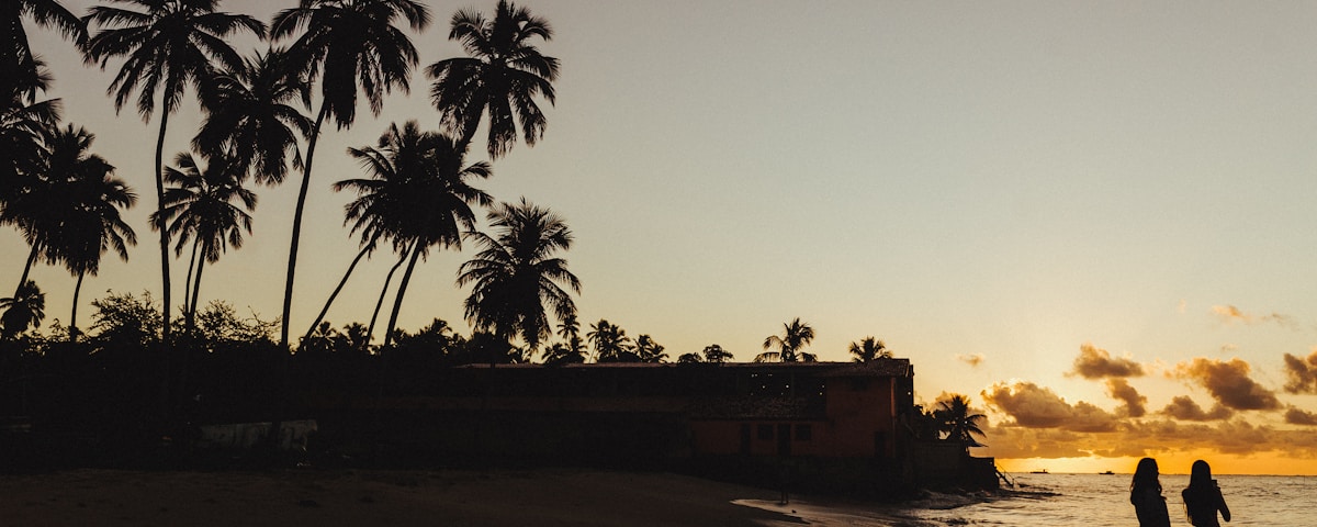 silhouette of two person on seashore during golden hour