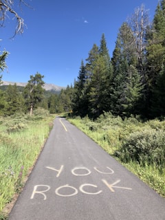 A scenic road with a motivational message 'You Rock' written on the pavement, surrounded by trees.