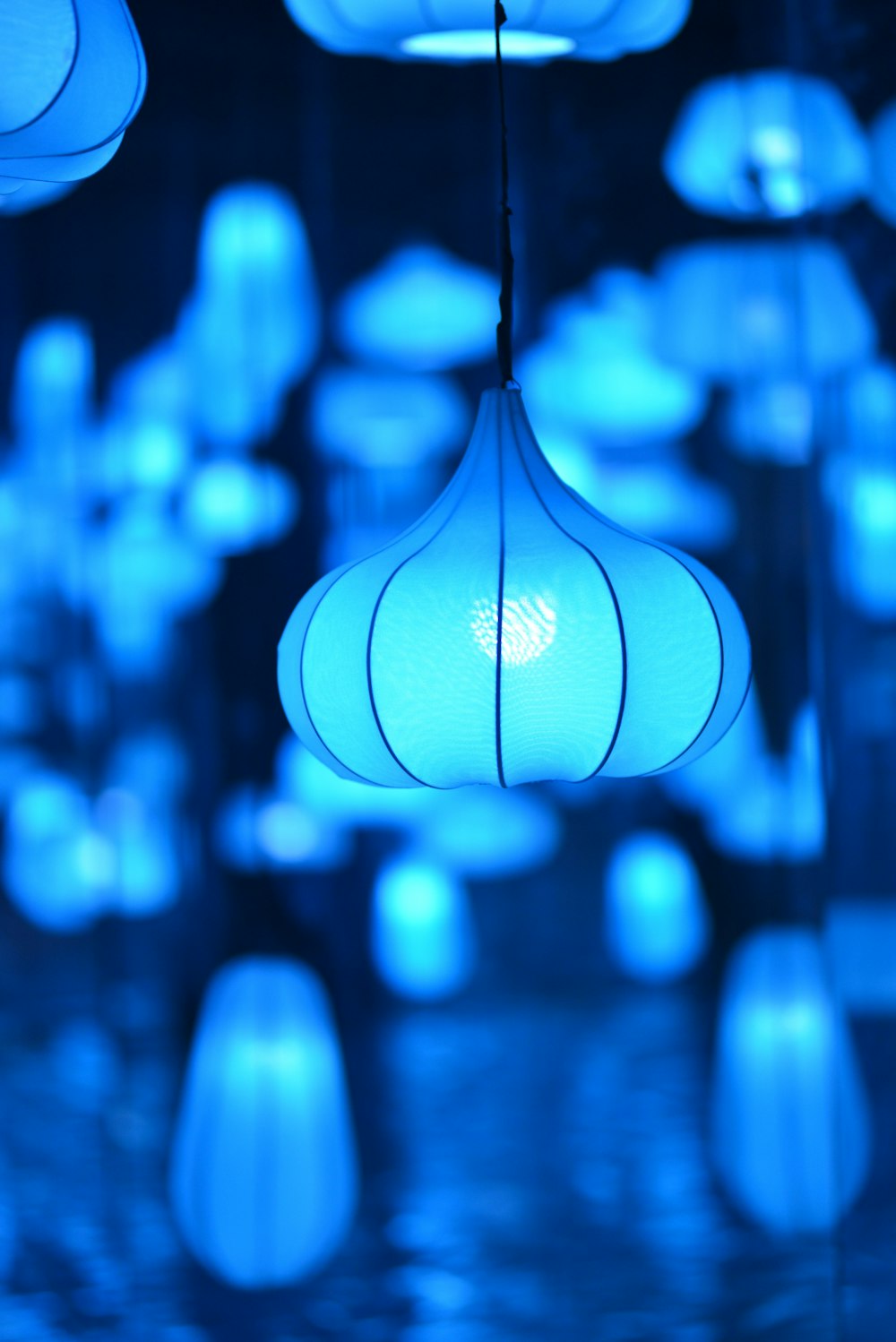 selective focus photo of blue pendant lamps