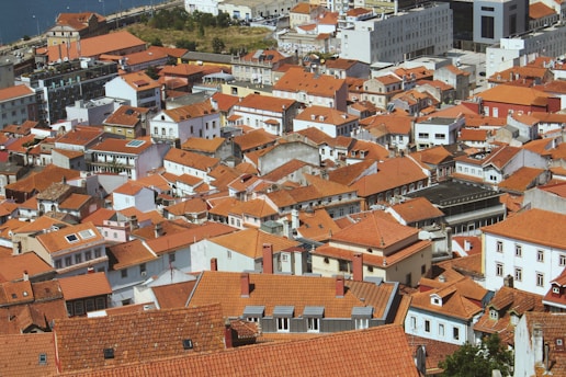 An aerial view of a densely packed town with numerous buildings featuring red-tiled roofs. The architecture includes a mix of residential and commercial structures, reflecting a traditional style common in Mediterranean regions. The background shows some greenery and part of a body of water.