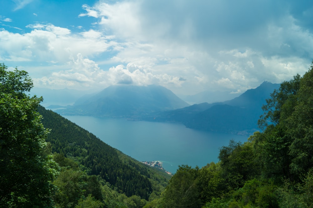 a scenic view of a lake surrounded by trees