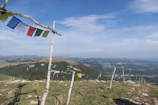 A Qinghai mountain village framed by blooming wildflowers and fluttering prayer flags.