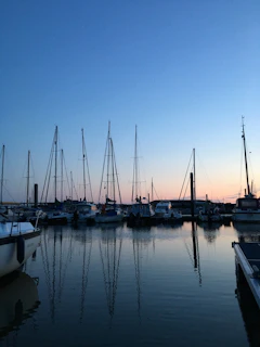 A serene harbor scene at dawn, showing vessels that PT. aurelia crewing management services.