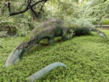 A large dinosaur sculpture stands among dense greenery, partially covered by moss and surrounded by lush plants. Overarching trees frame the scene, creating a natural and wild setting.