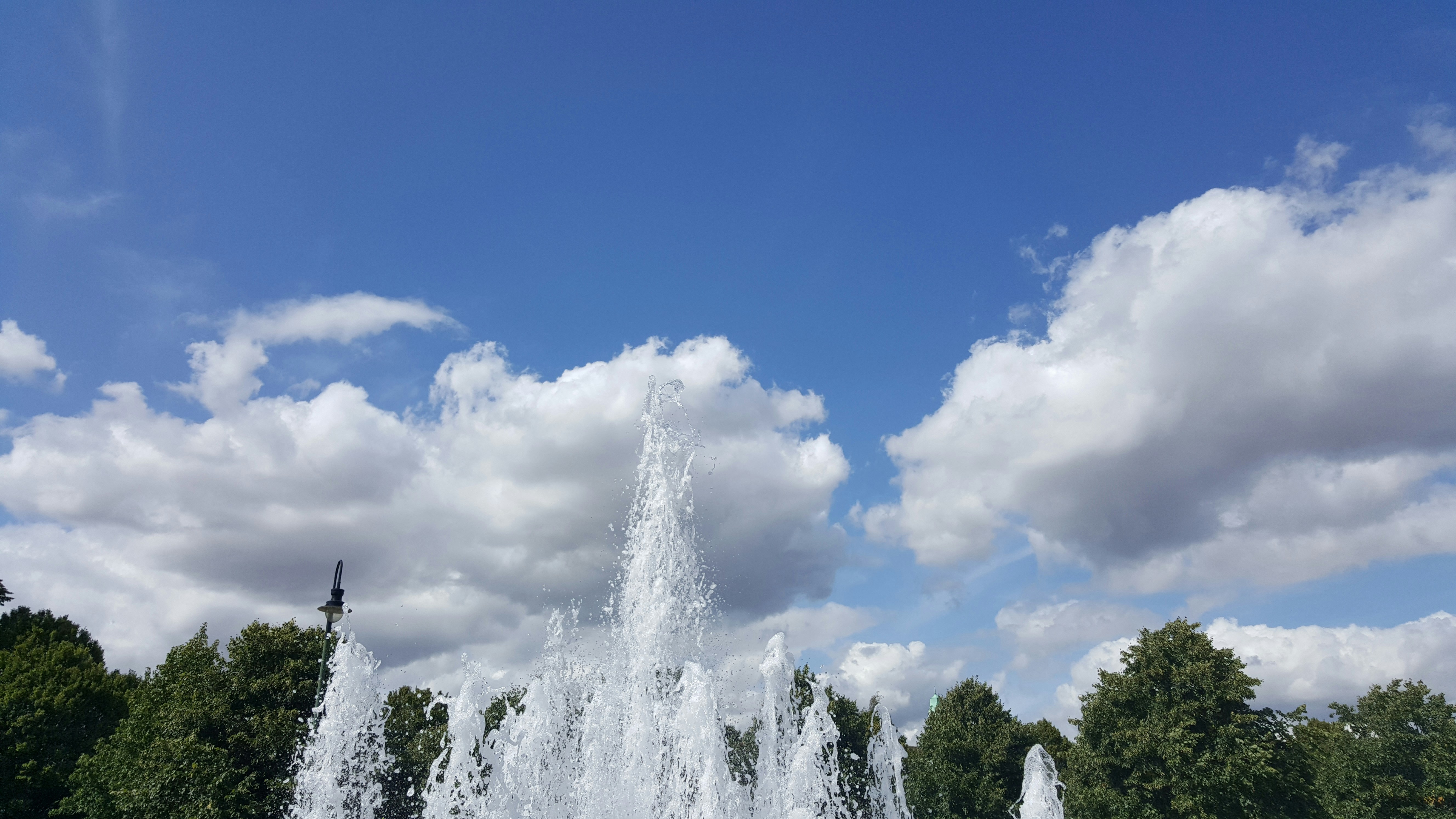 Fontana d'acqua vicino agli alberi verdi durante il giorno nuvoloso